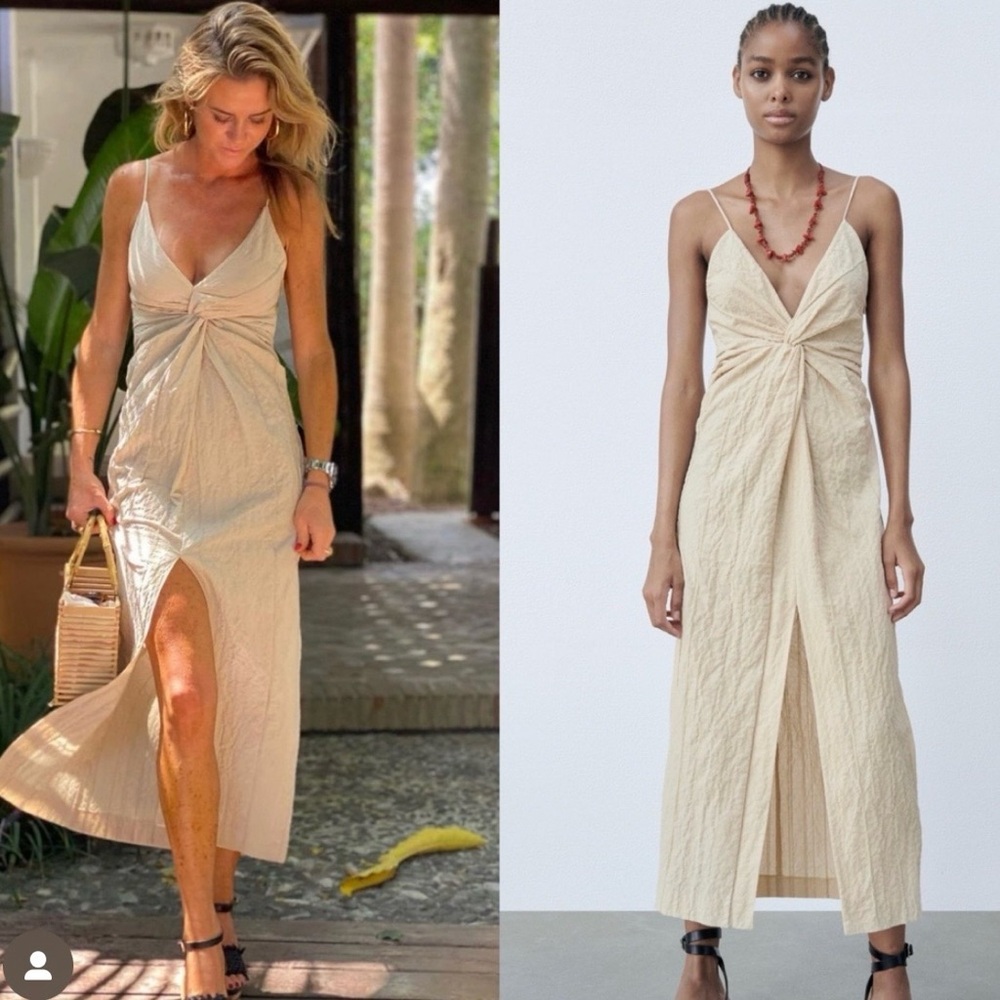 Zara Beige Midi Dress with Knot Detail